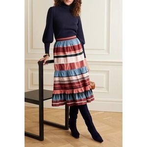 Ulla Johnson Simi Midi Skirt Striped Tiered Patchwork Poplin A-line 8 Medium NWT